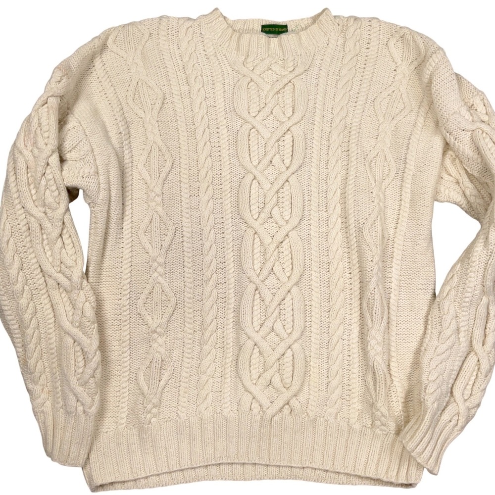 Boston Traders‎ Sweater Mens Large Cream Hand Knit Cable Fisherman Ramie Cotton